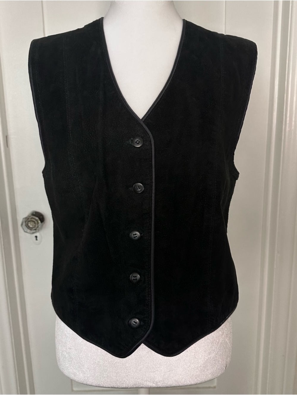 Vintage Western Black Leather Button Vest Size PM
